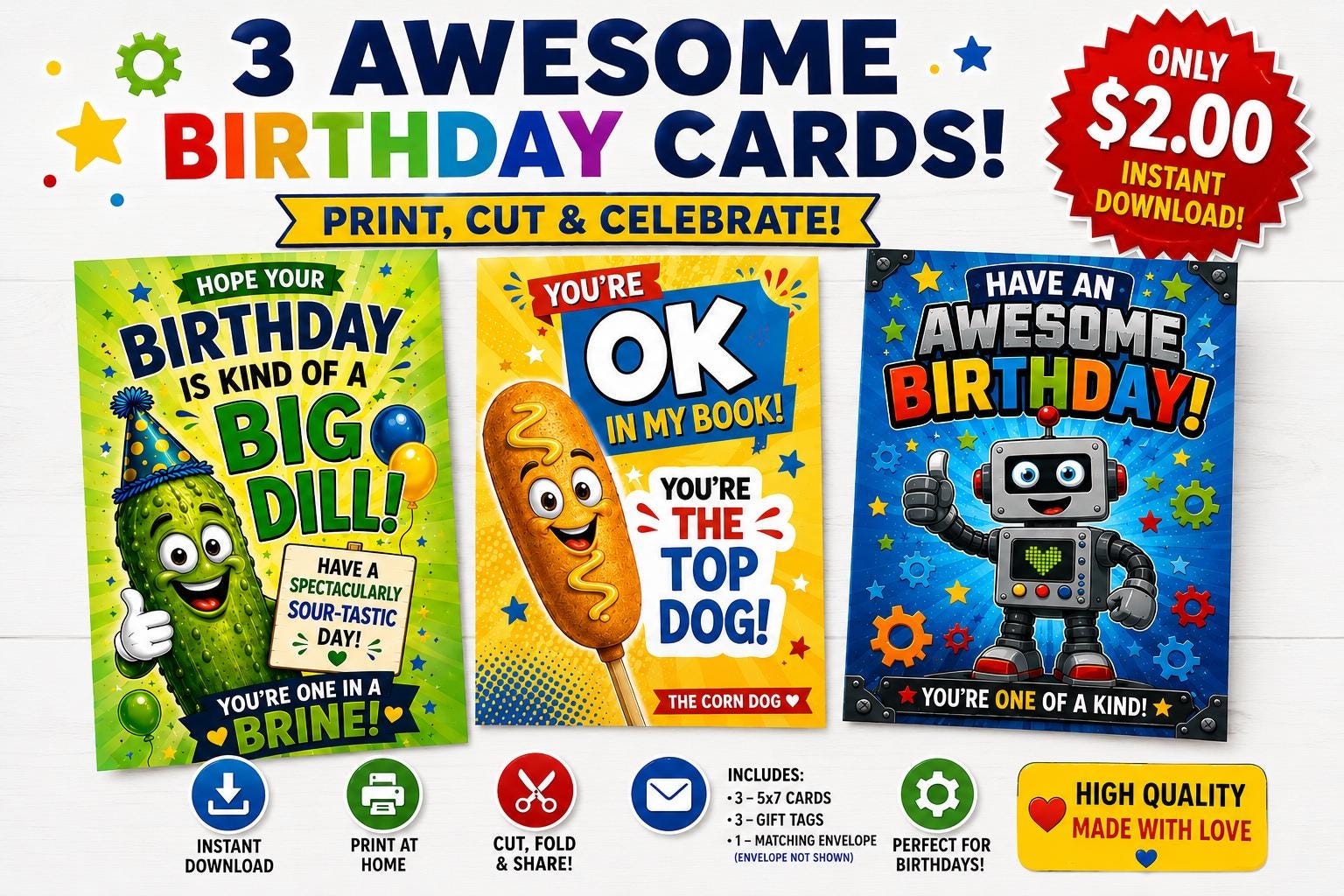 Funny Kids Birthday Cards Bundle, Pickle Corndog Robot Designs (Digital Download)