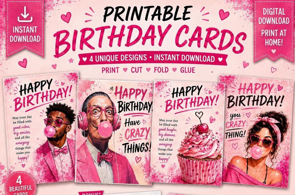 Funny Pink Birthday Cards Bundle, 4 Unique Designs (Digital Download)