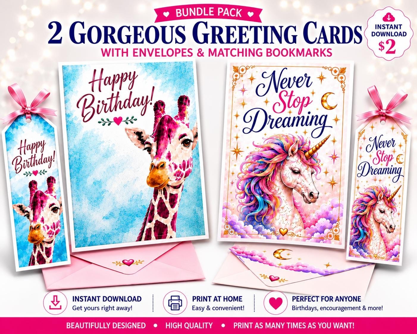 Giraffe Unicorn Birthday Cards Bundle, Colorful Kids Greeting Cards (5x7 PDF)