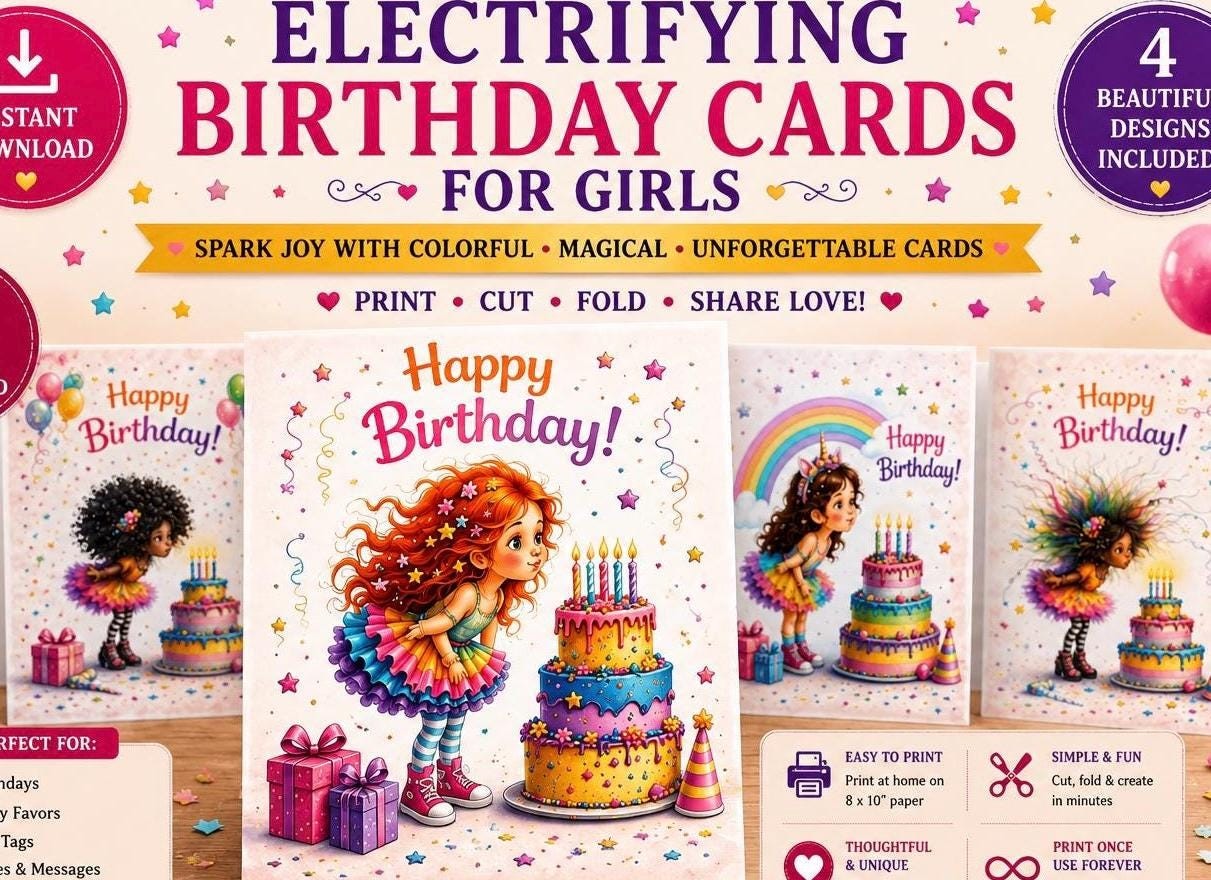 Girls Birthday Card Bundle, 7 Cheerful Designs with Envelope, Gift Tags (Digital Download)