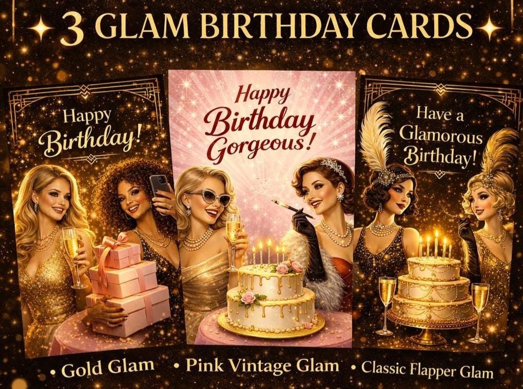 Glam Birthday Card Bundle, Gold Glitter Cards for Her (Digital Download)