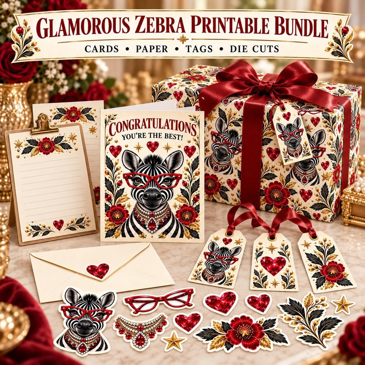 Glamorous Zebra Printable Bundle, Greeting Cards, Mini Cards, Gift Bag, Envelopes, Tags, Journal Pages, Bookmarks & Die Cuts