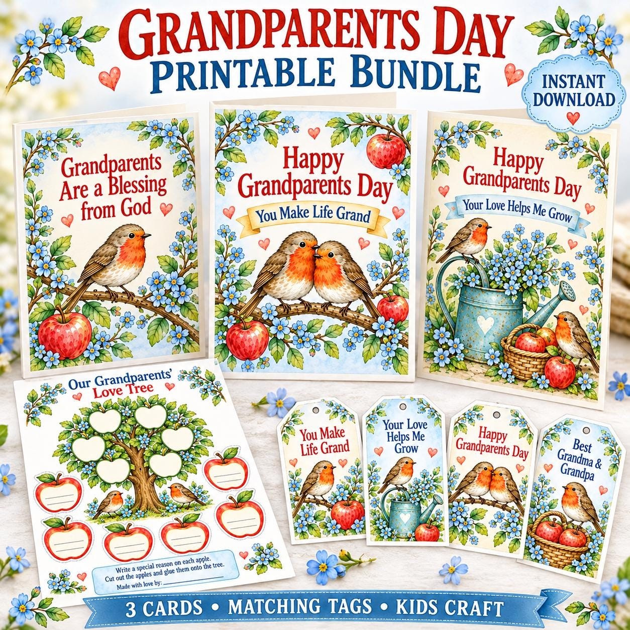 Grandparents' Day Printable cards with Envelope, Gift tags, Journal pages, and craft for grandkids to do for grandparents (fast download)
