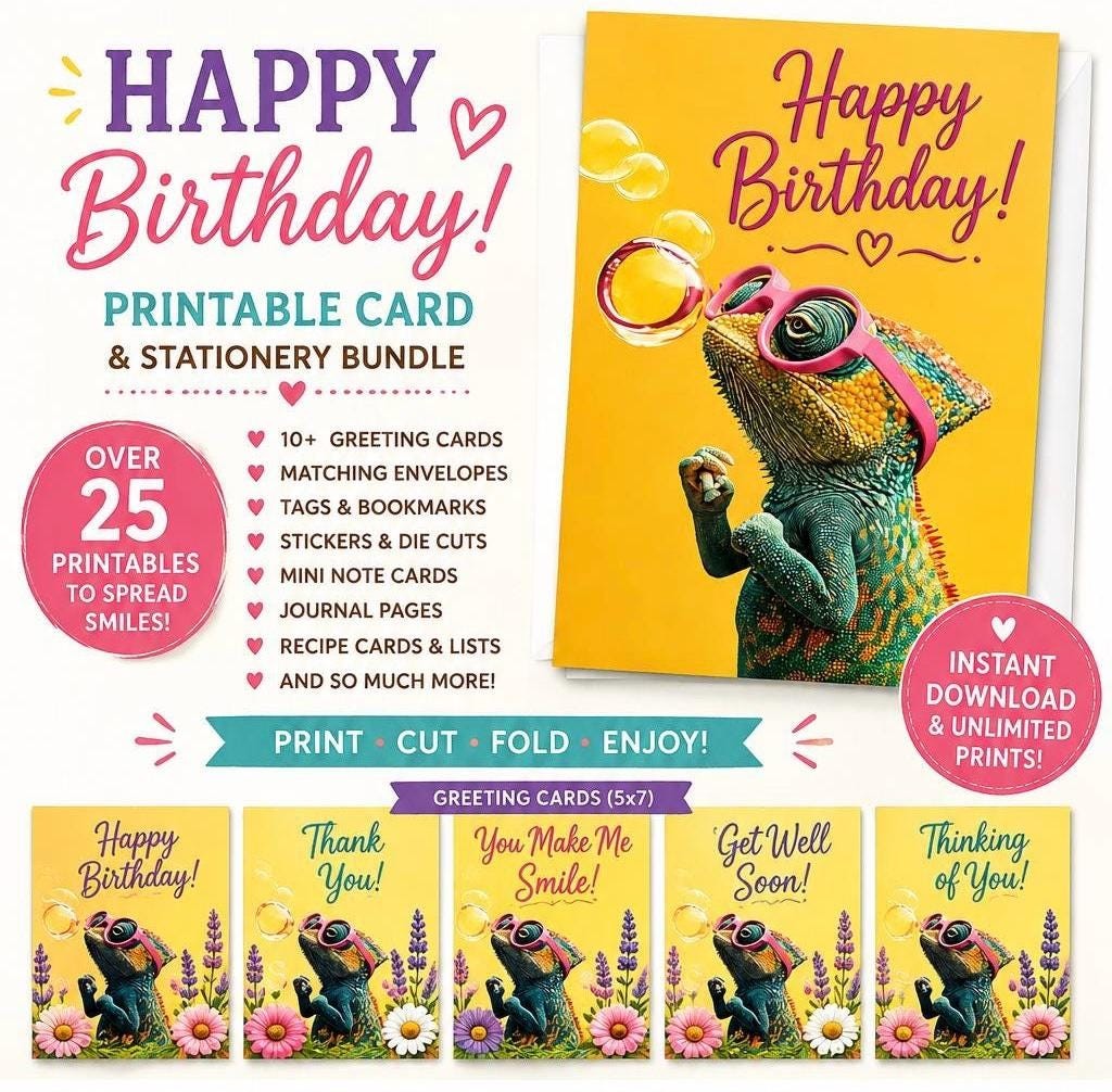 Groovy Chameleon Card Stationery Bundle, Printable Envelopes, Tags, Bookmarks (Digital Download)