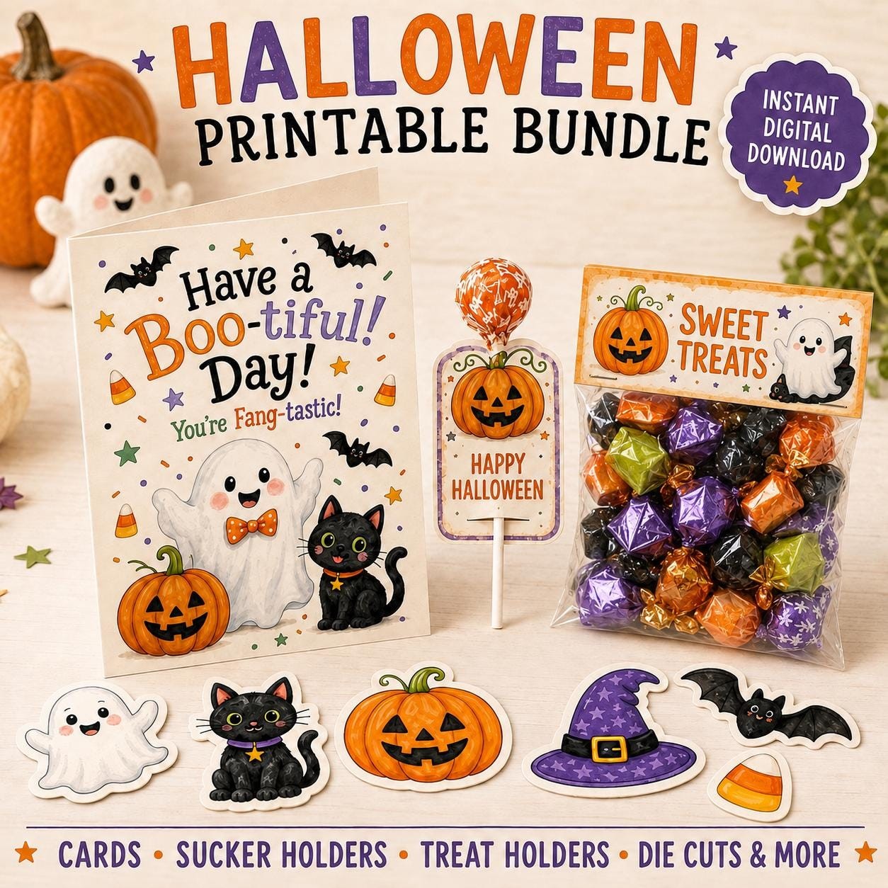 Halloween Printable Card with envelope, Sucker Holders, Cute Designs, Halloween Treat Tags, Classroom Sucker Candy Holders- Instant Download