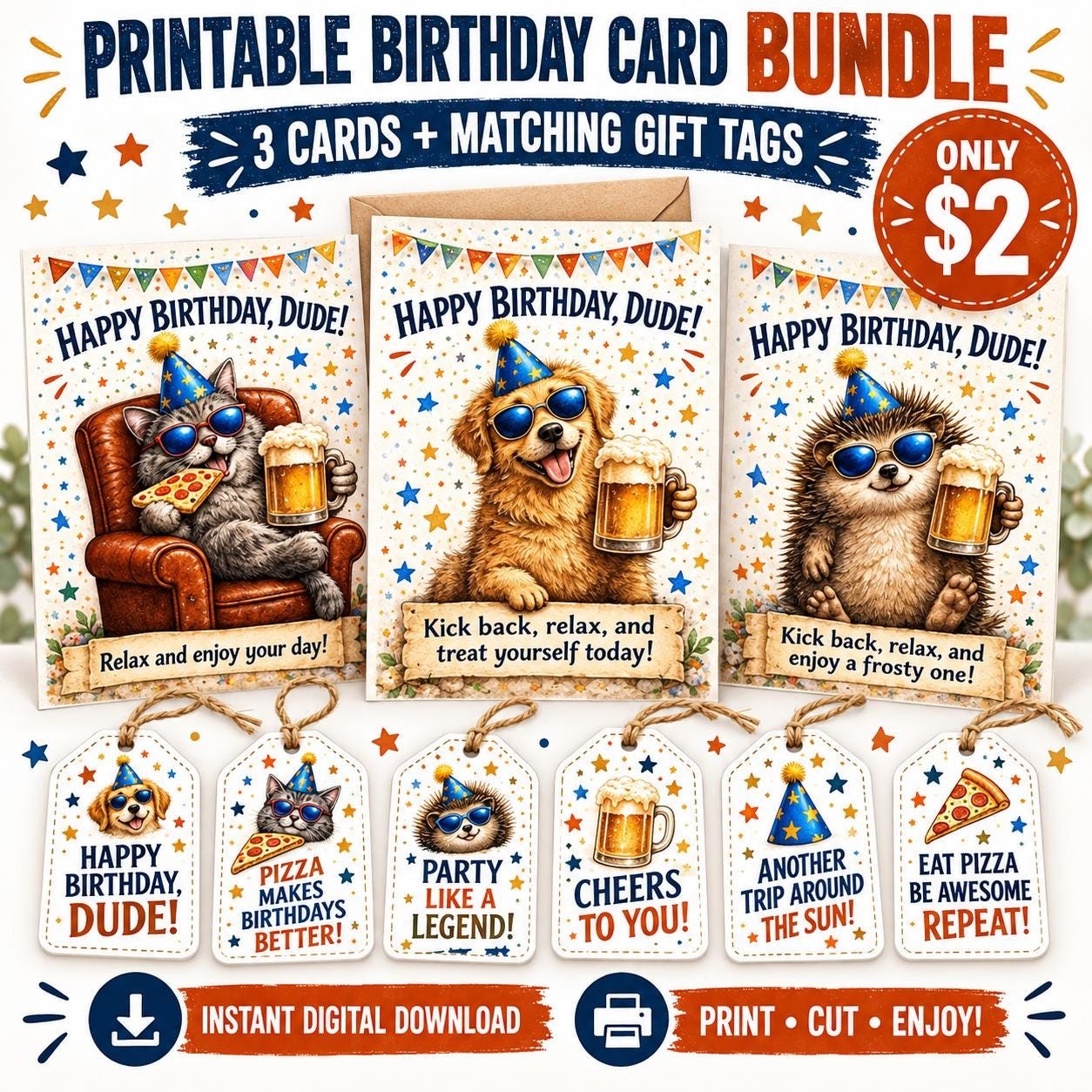 Happy Birthday Dude Card Bundle, Dog Cat Hedgehog Designs, 5x7 Printable Cards (Digital Download)