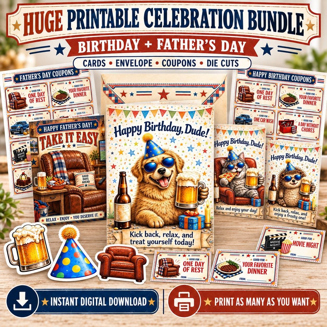 Happy Birthday Dude Card Bundle, Dog Cat Hedgehog Designs (Digital Download)