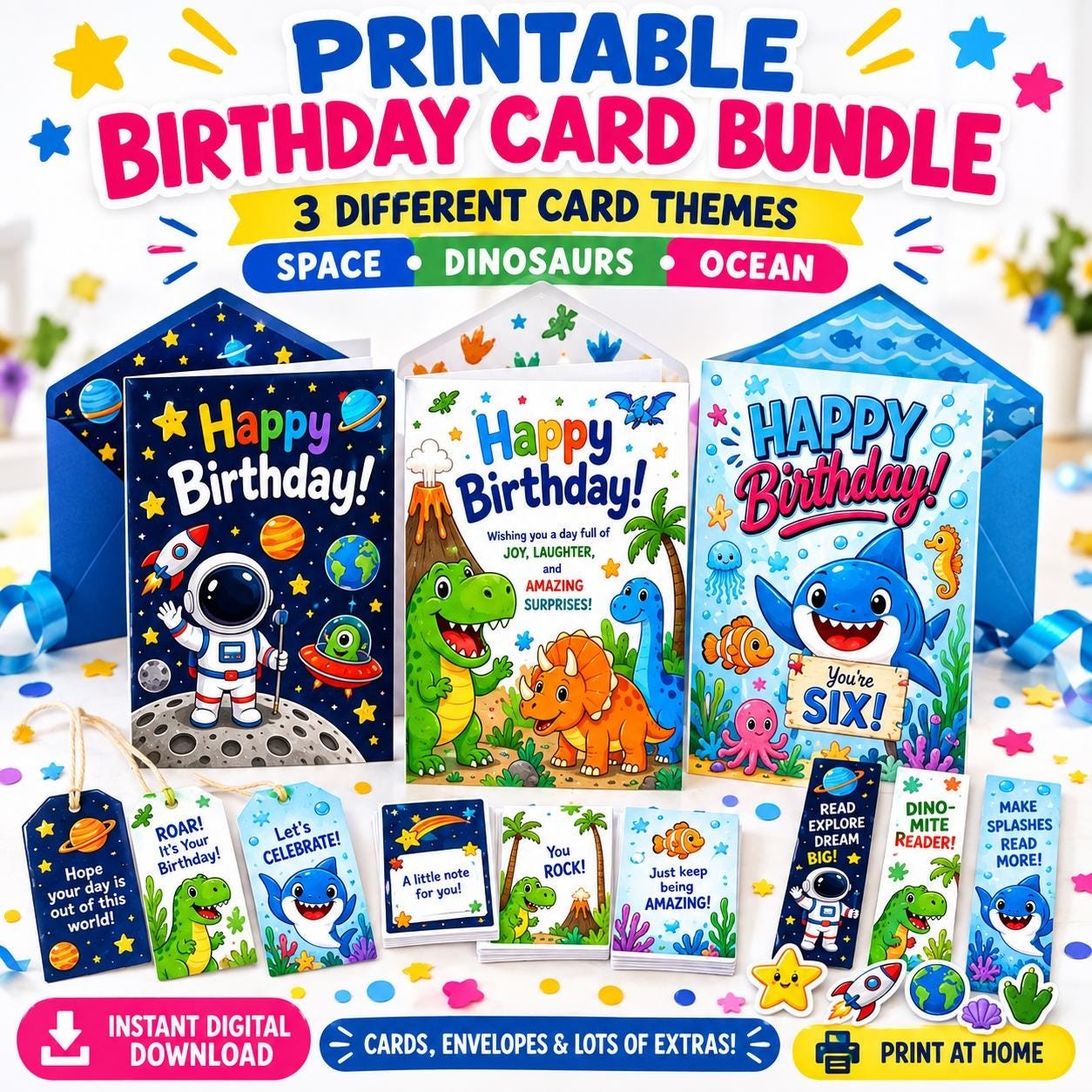 Kids Birthday Card Bundle, Shark Dinosaur Space Themes (Digital Download)