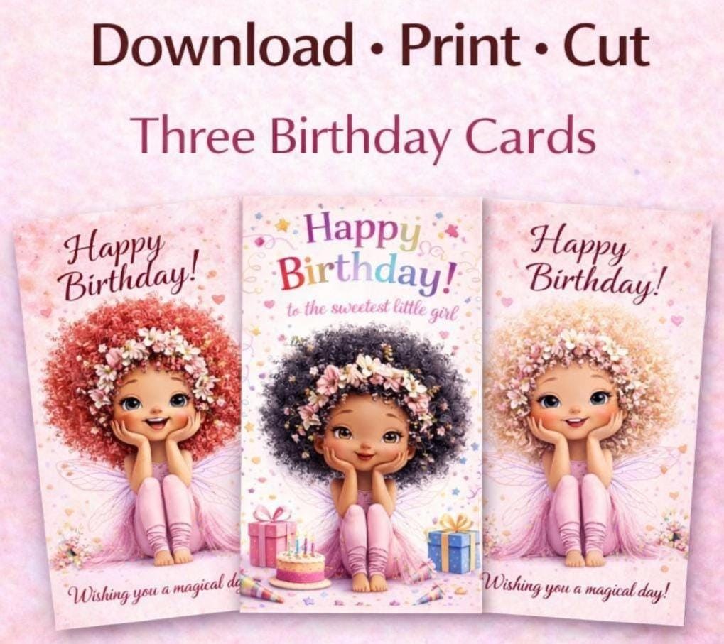 Little Girls Birthday Card- Various Designs DIY Printable (Unlimited Downloads) Tags, envelopes, party hat