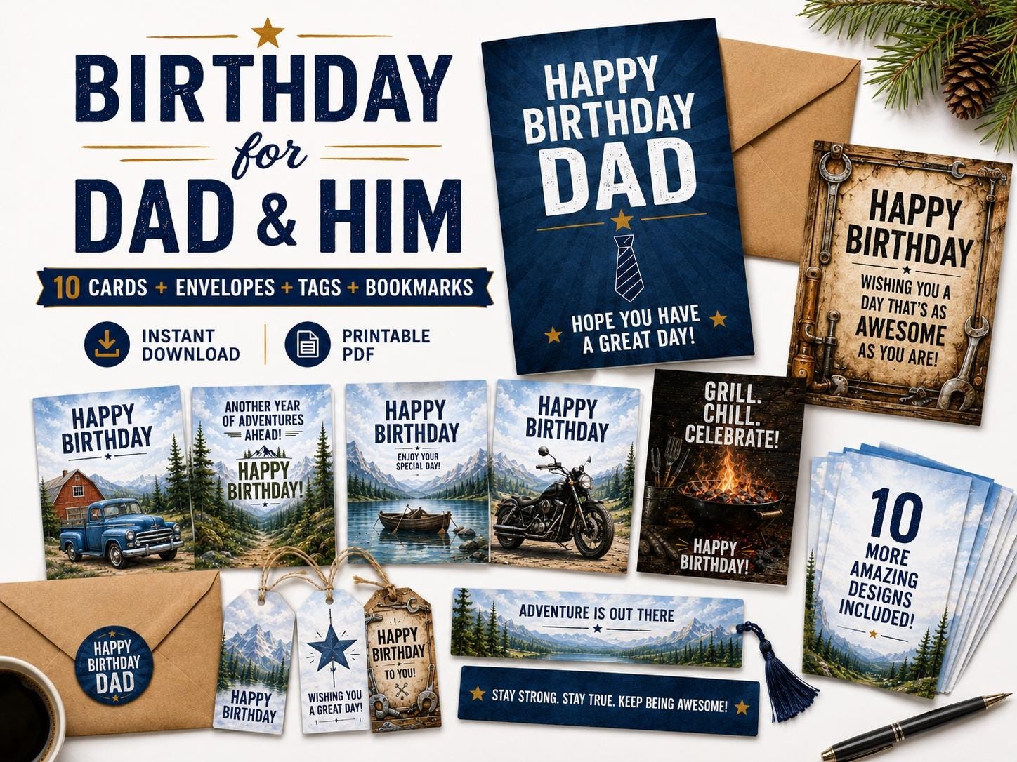 Men's Birthday Card Bundle, Outdoor Adventure Designs, Fishing, Motorcycle (Printable PDF)