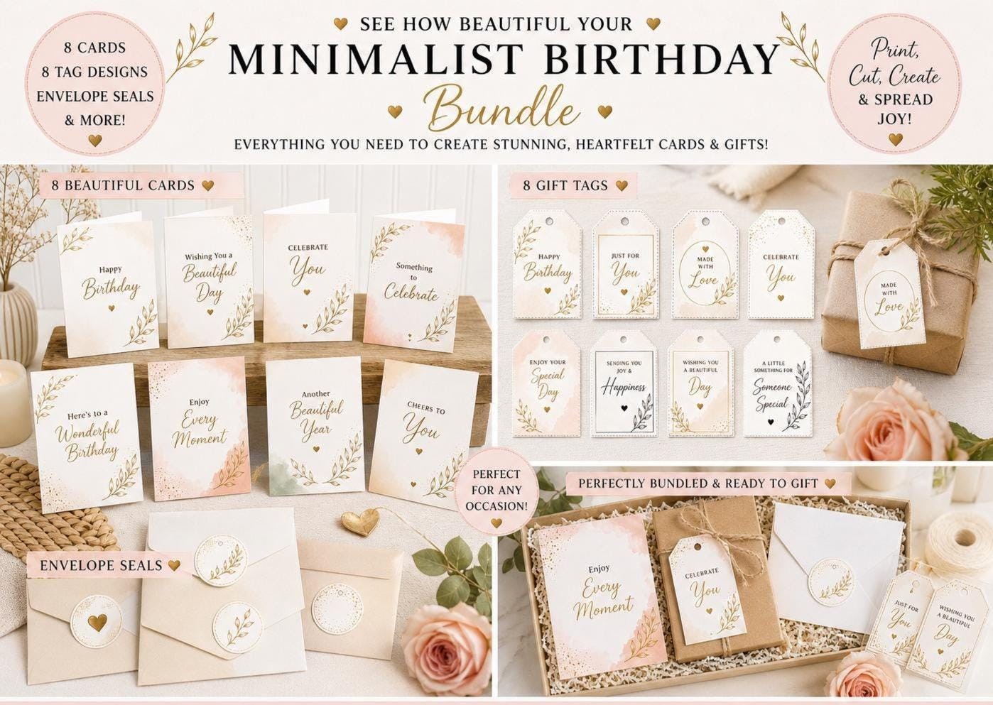 Minimalist Birthday Card Set, 8 Elegant Designs (Digital Download)