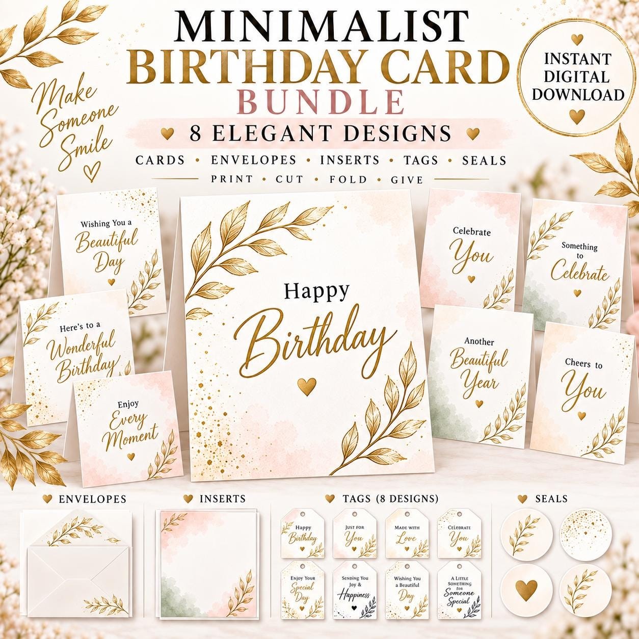 Minimalist Birthday Card Set, 8 Elegant Designs with card, envelope, tags and more. (Fast Download)