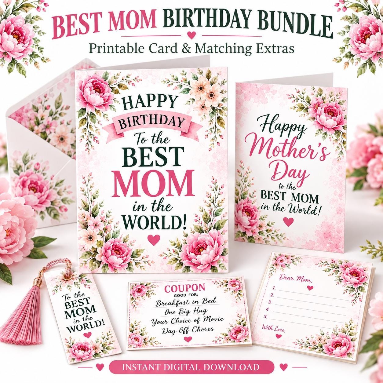 Mom Birthday Printable Bundle, Cards, Coupon Book, Journal Pages, Instant Download