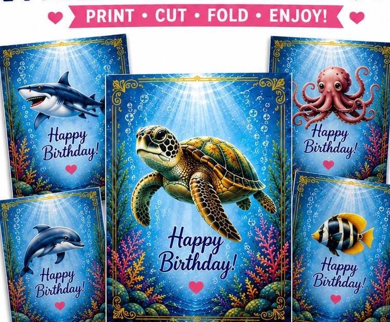 Ocean Animal Birthday Cards Bundle, Sea Turtle Shark Dolphin Octopus Designs (Digital Download)