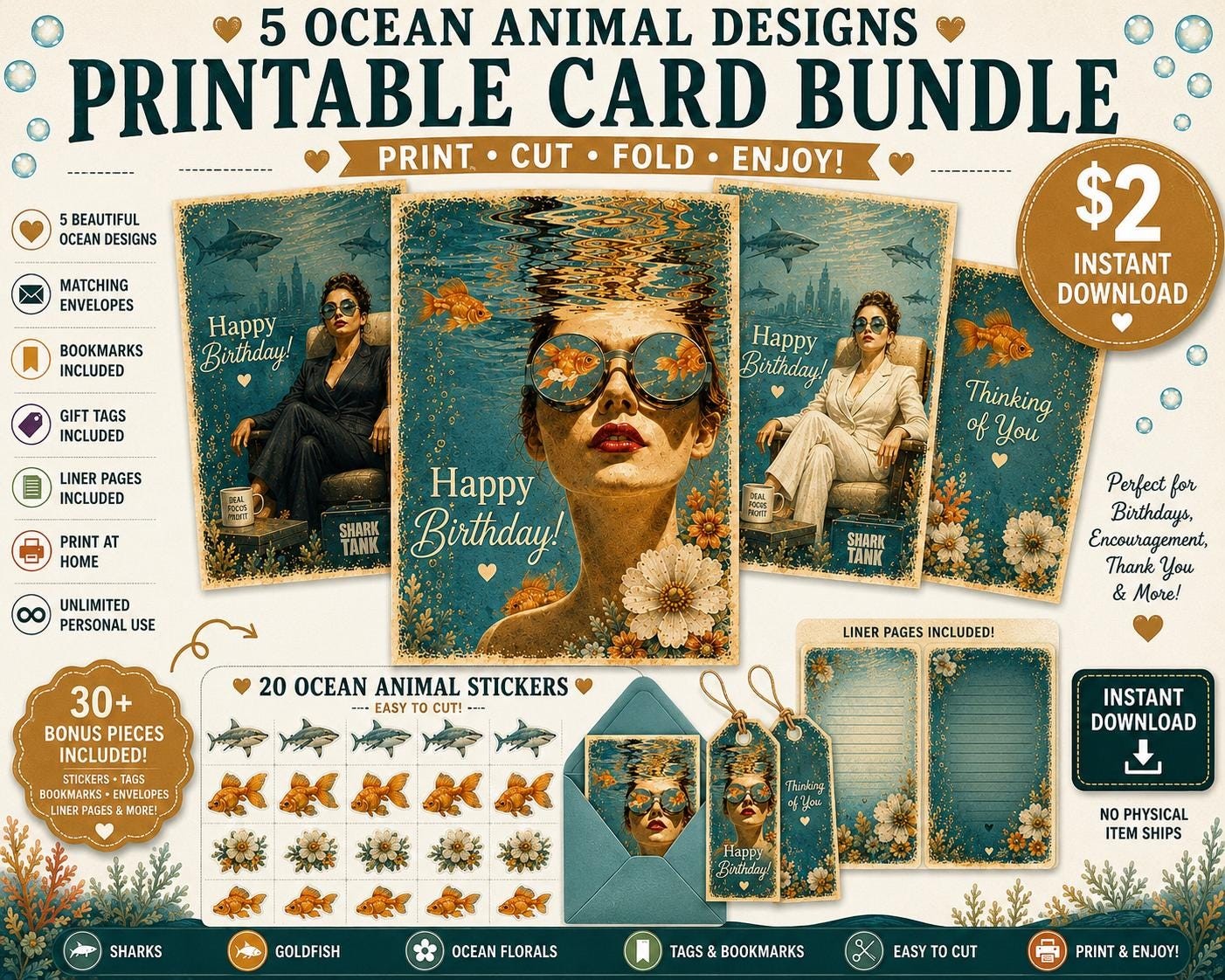 Ocean Animal Card Bundle, Kids Sea Creature Designs (Digital Download)