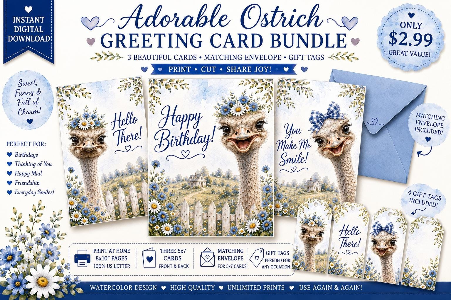 Ostrich Greeting Card Set, 2 Printable Cards with Matching Envelope and Gift Tags, Watercolor 5x7 Instant Download