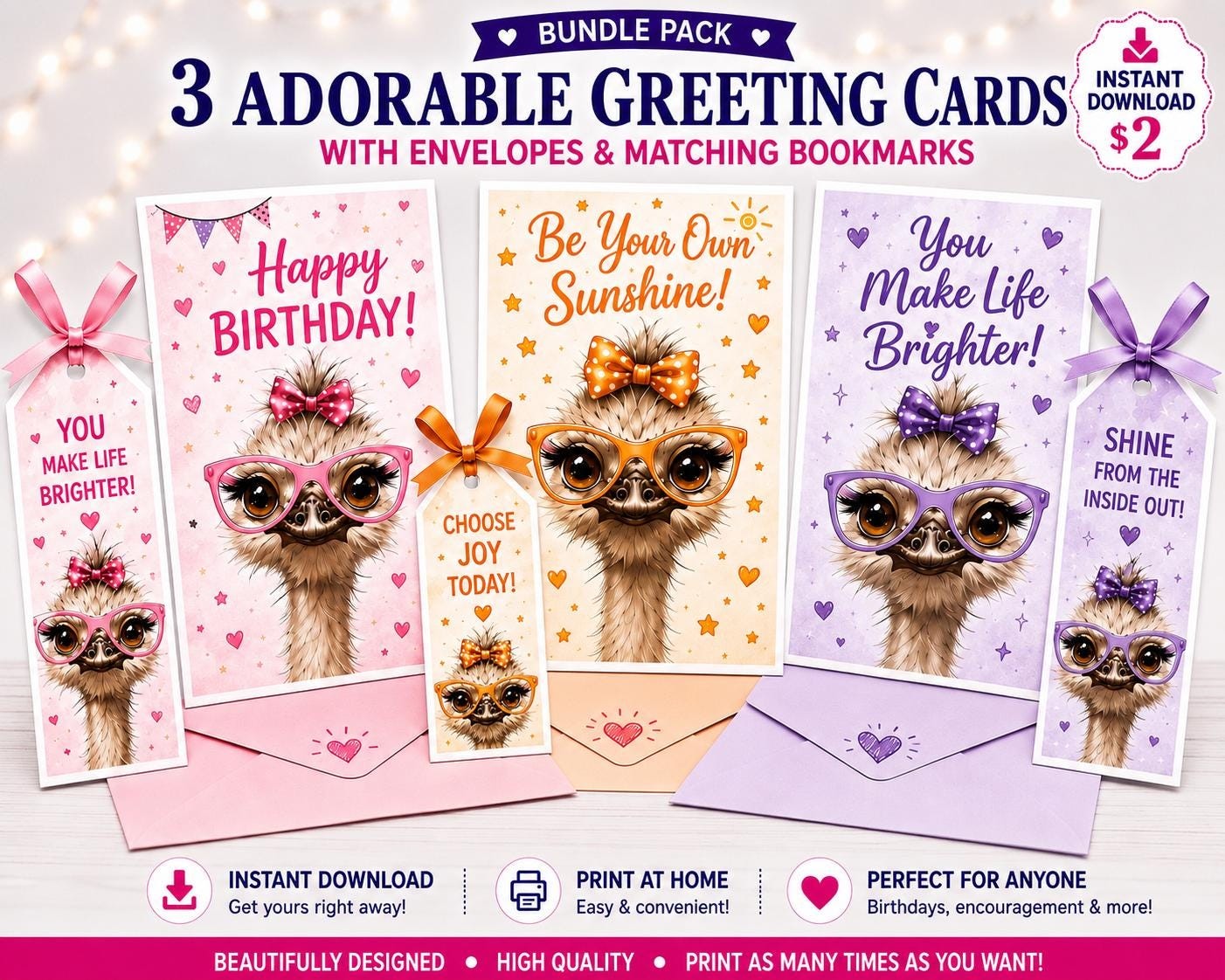 Ostrich Watercolor Birthday Card Bundle, Envelopes, Tags, Stickers (Instant Download)