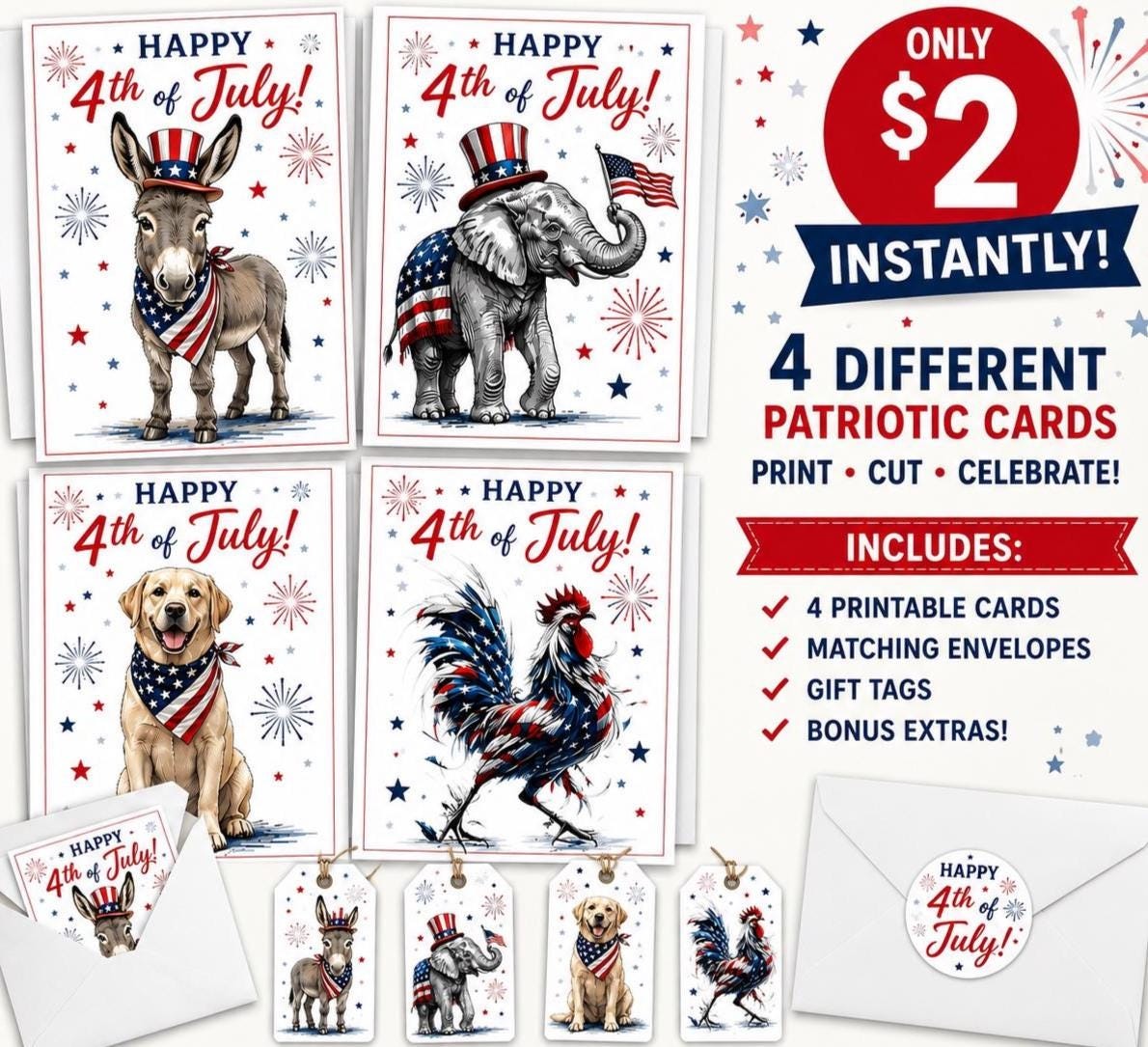 Patriotic Card Bundle, 4th of July Animals, 5x7 Printable Cards (Instant Download)