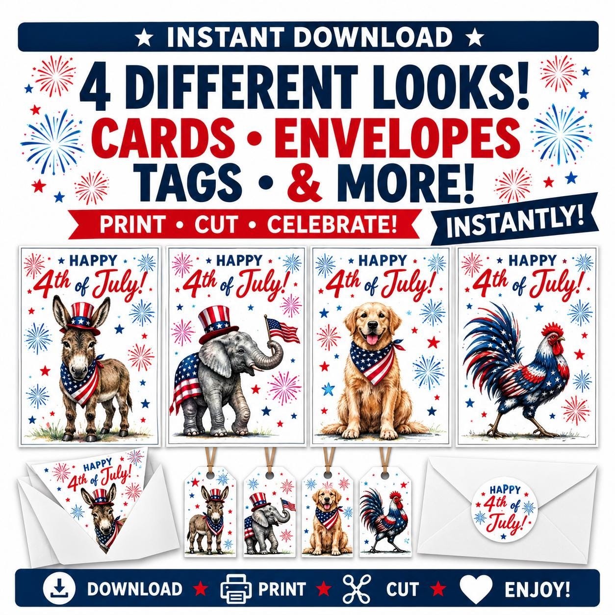 Patriotic Card Bundle, 4th of July Animals, 5x7 Printable Cards (Instant Download)