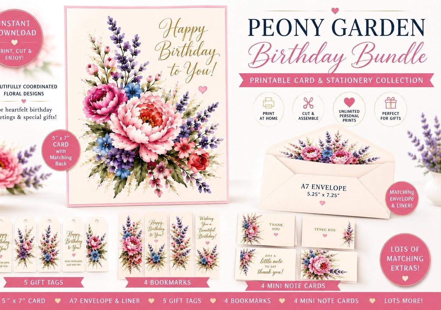 Peony Garden Birthday Card Bundle, Watercolor Floral Stationery Set (Digital Download)