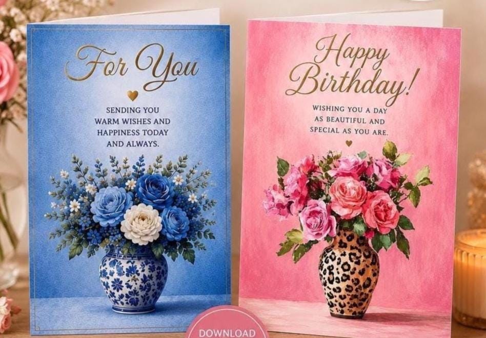 Pink Blue Floral Greeting Cards, 5x7 Birthday Anniversary (Digital Download)
