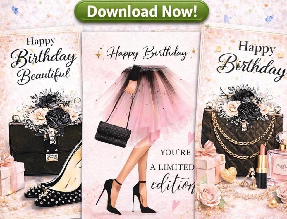 Pink Gold Birthday Card Printable, Glam Chic Glamour (Digital Download)