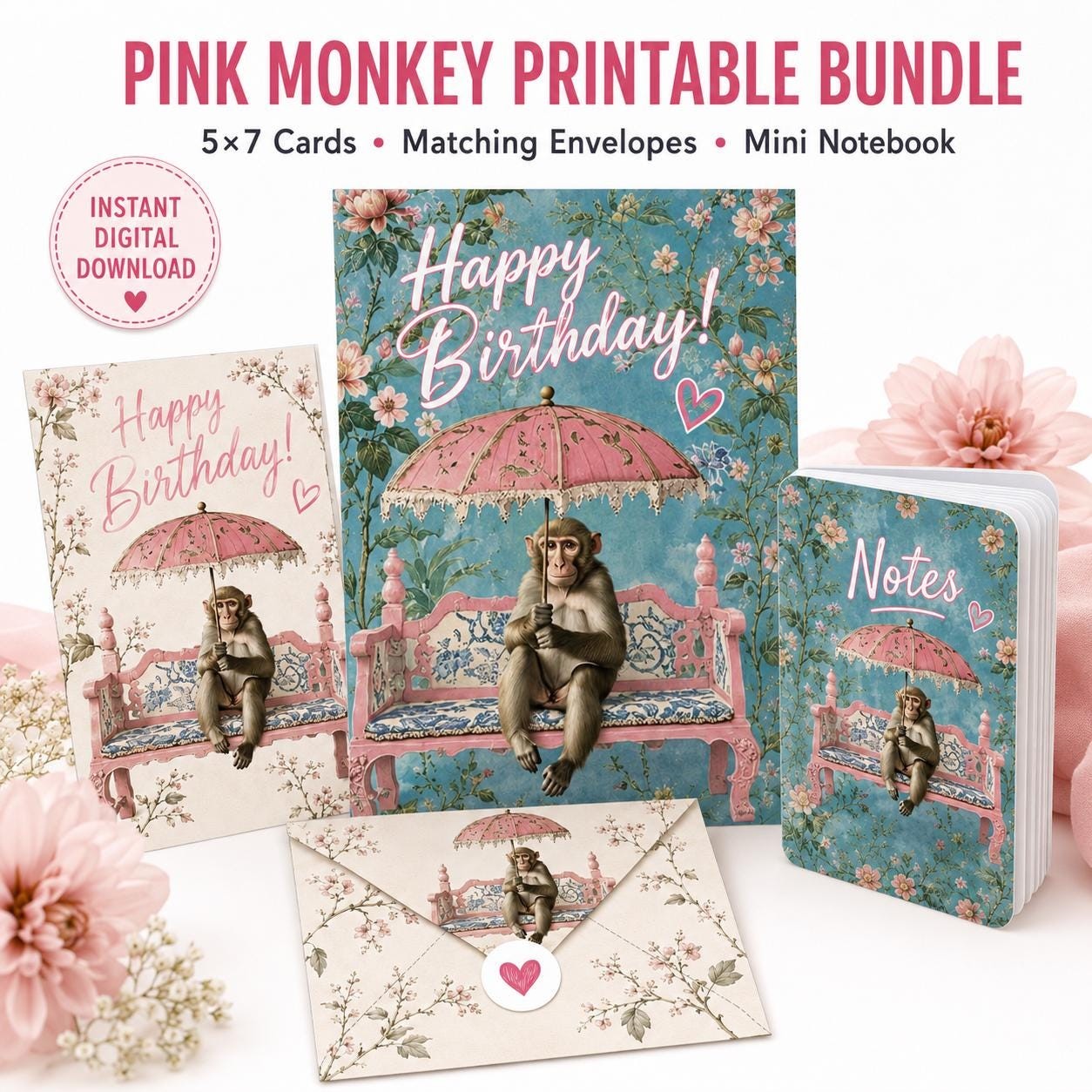 Pink Monkey Birthday Card Bundle, Envelopes, Tags, Journal Pages (Digital Download)