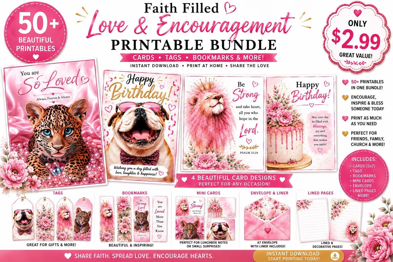 Pink Watercolor Animal Cards Bundle, Christian Scripture, Gift Tags, Small Box- So cute (Instant Download)
