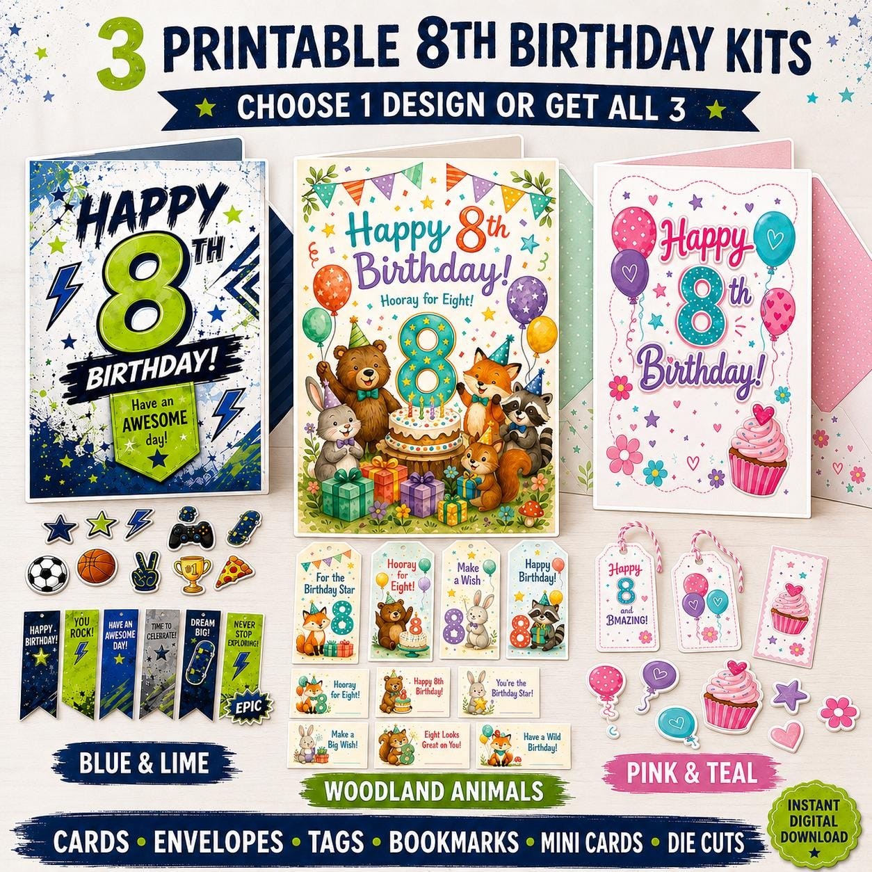Printable 8th Birthday Card Set, Choose Boy, Woodland or Girl Design, Cards, Envelopes, Tags & Extras, Digital Download