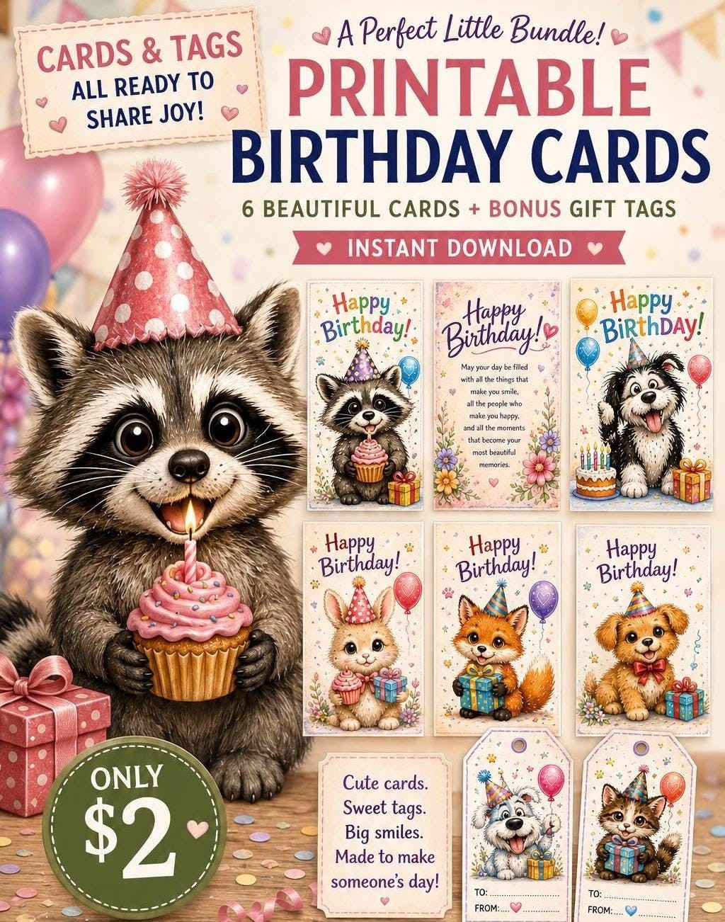 Printable Birthday Cards Bundle, 7 Animal Designs, Kids Cards (Digital Download)