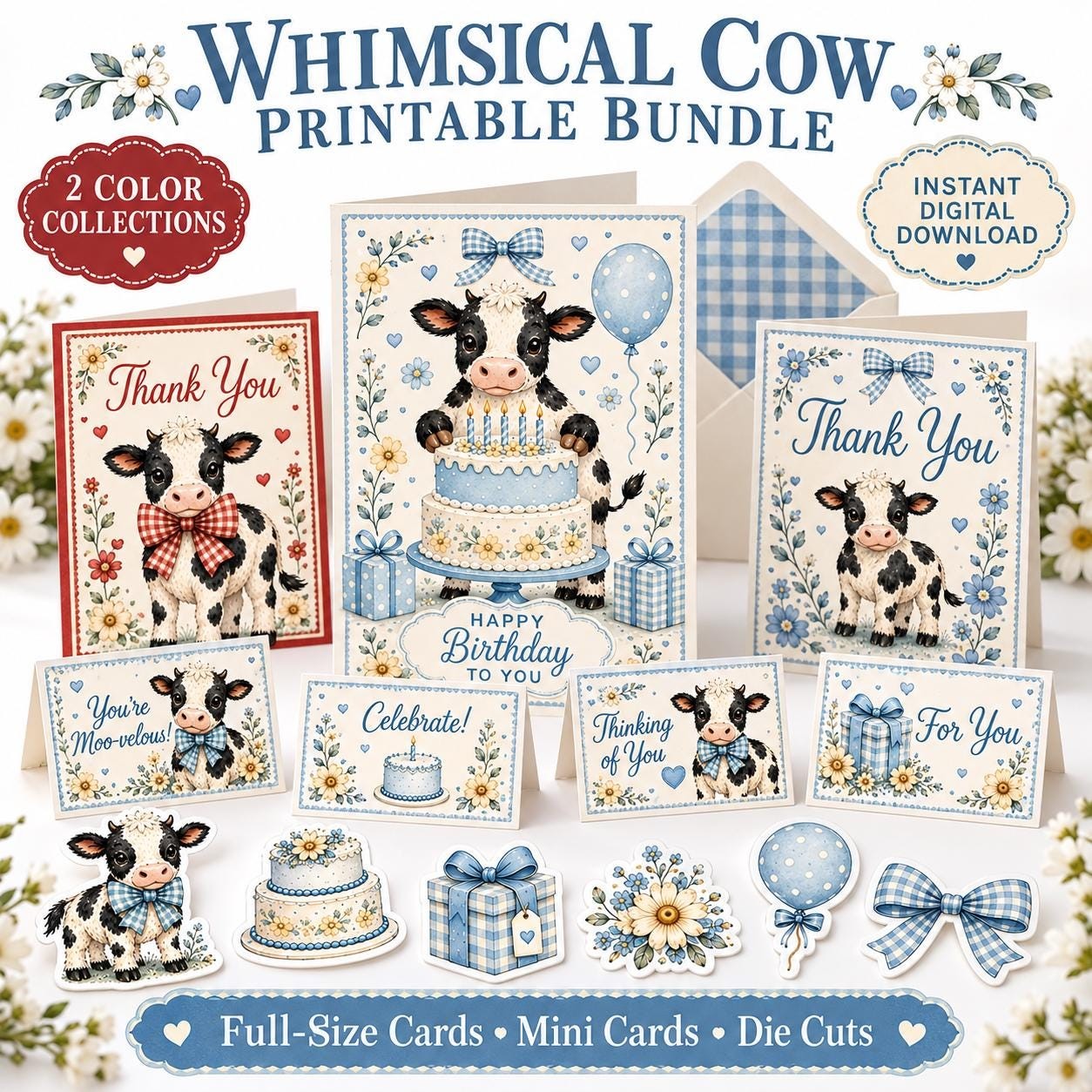 Printable Cow Birthday Bundle, Blue Gingham Greeting Cards, Mini Book, Journal Pages, Die Cuts, Digital Download Fast unlimited download