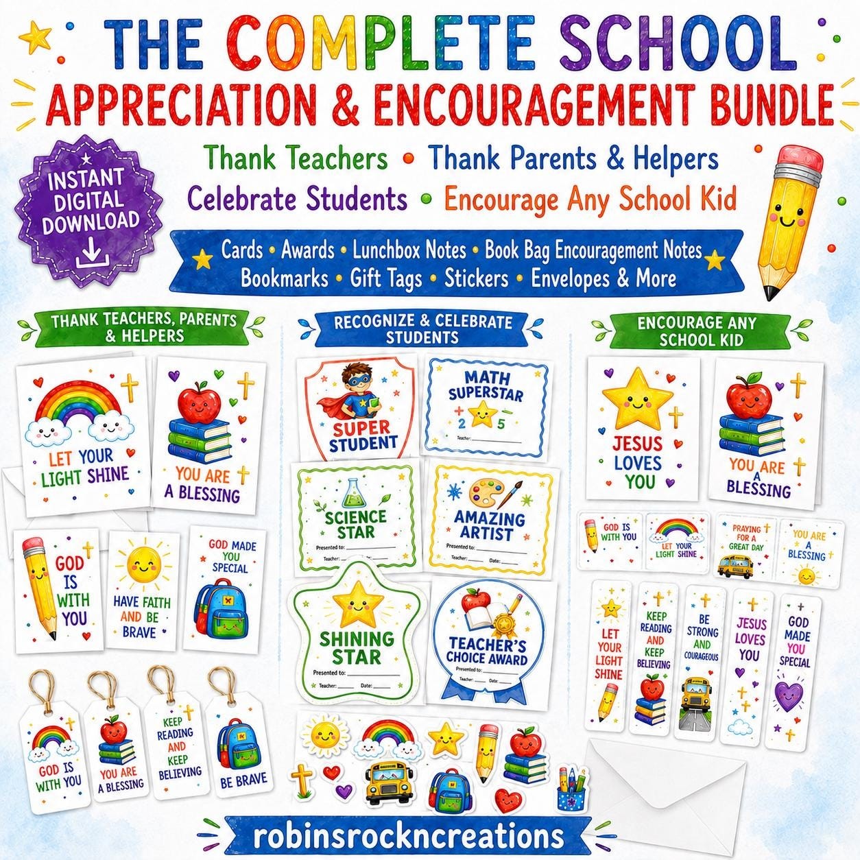 Printable School Encouragement Cards, Awards, Lunchbox Notes (Digital Download)