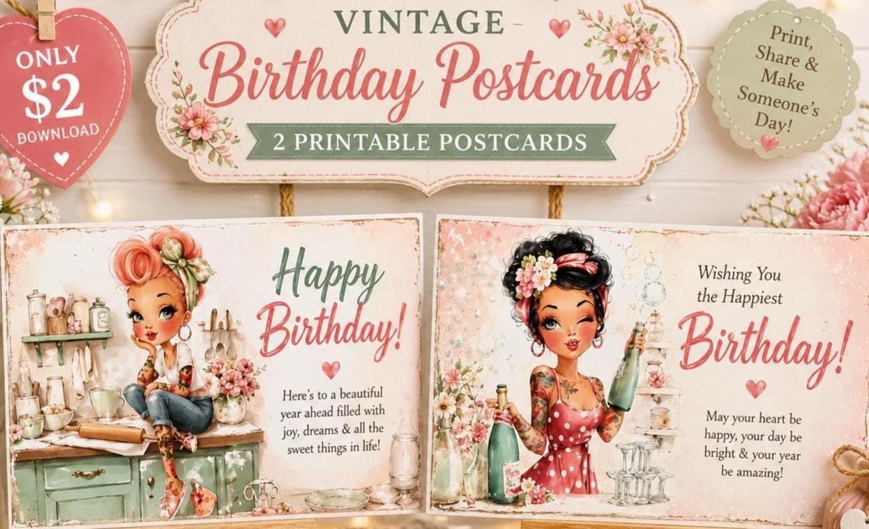 Retro Floral Birthday Cards Bundle, Vintage Designs, Matching Envelopes, Die Cuts, Mini cards, Journal pages (Digital Download)