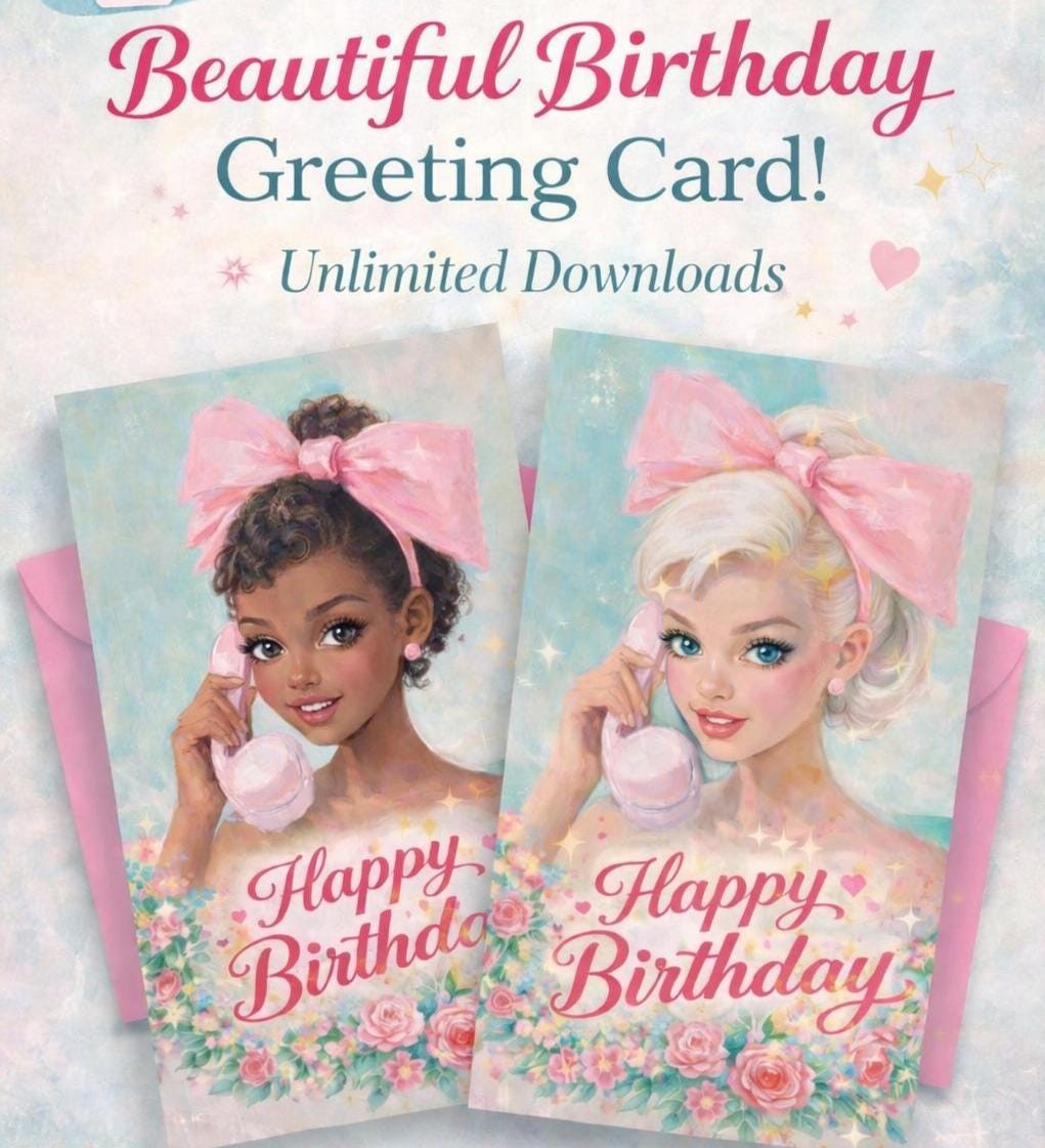 Retro Floral Birthday Cards, Vintage Style Greeting, Envelopes, Tags (Instant Download PDF)