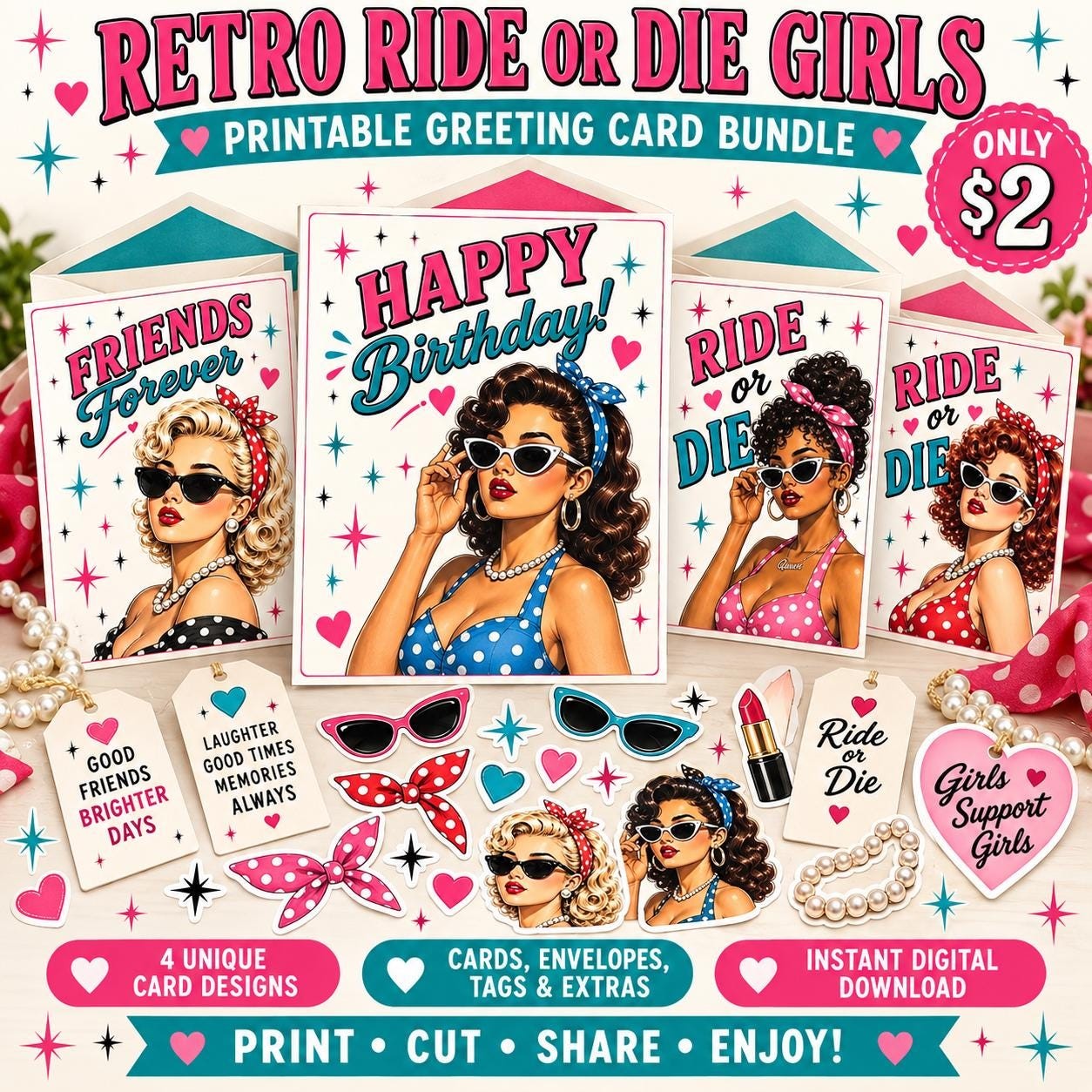 Retro Girl Birthday Cards Bundle, Ride or Die Friend Designs (PDF)