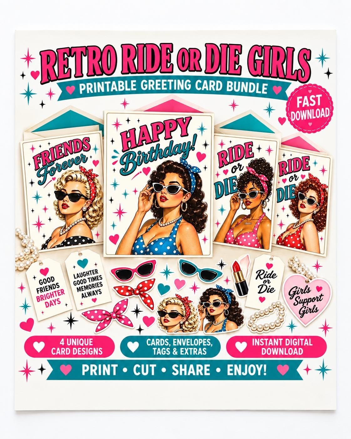 Retro printable birthday card collection made for celebrating a close friend