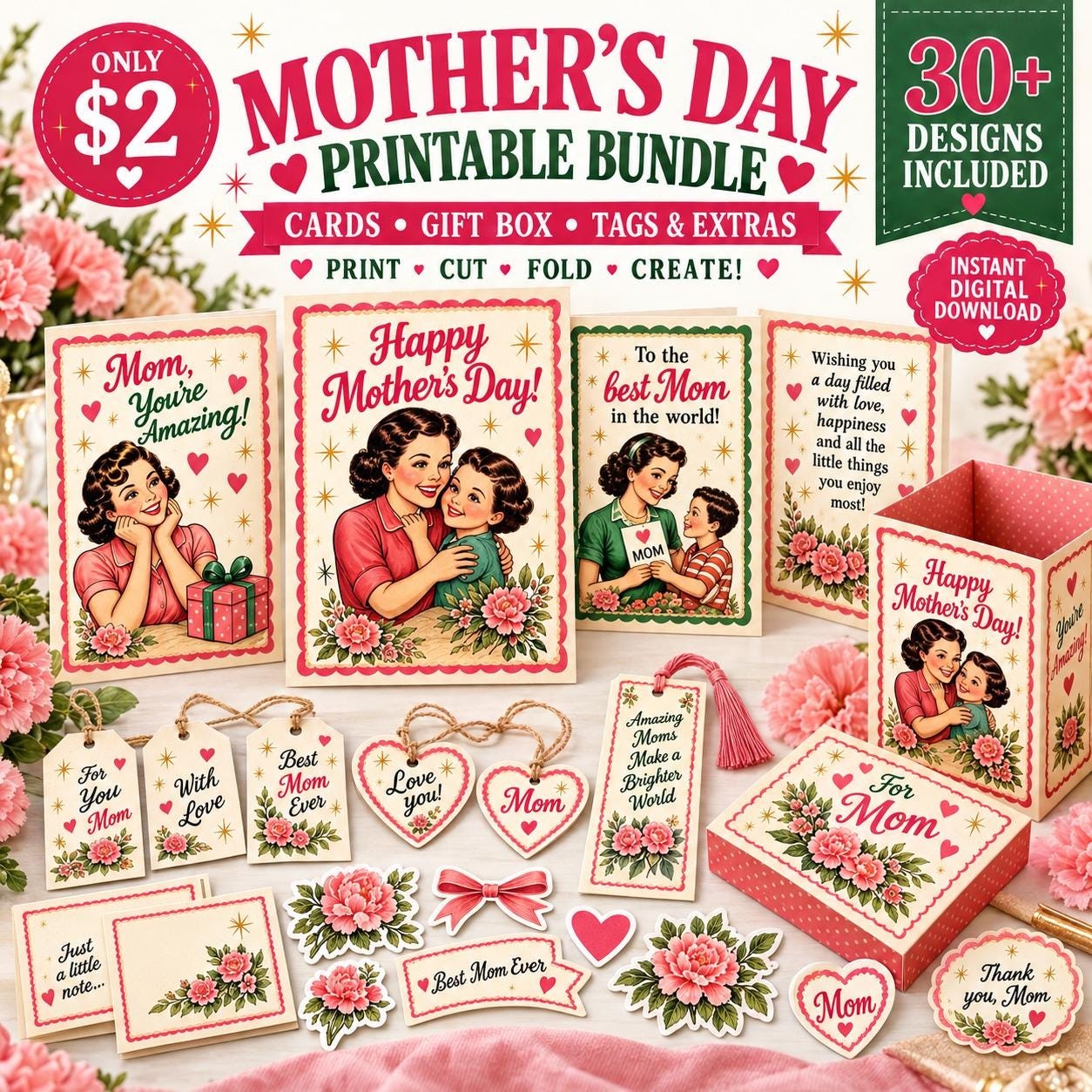 Retro Mother's Day Card Bundle, Vintage Mom Cards, Envelopes, Gift Tags (Instant Download)