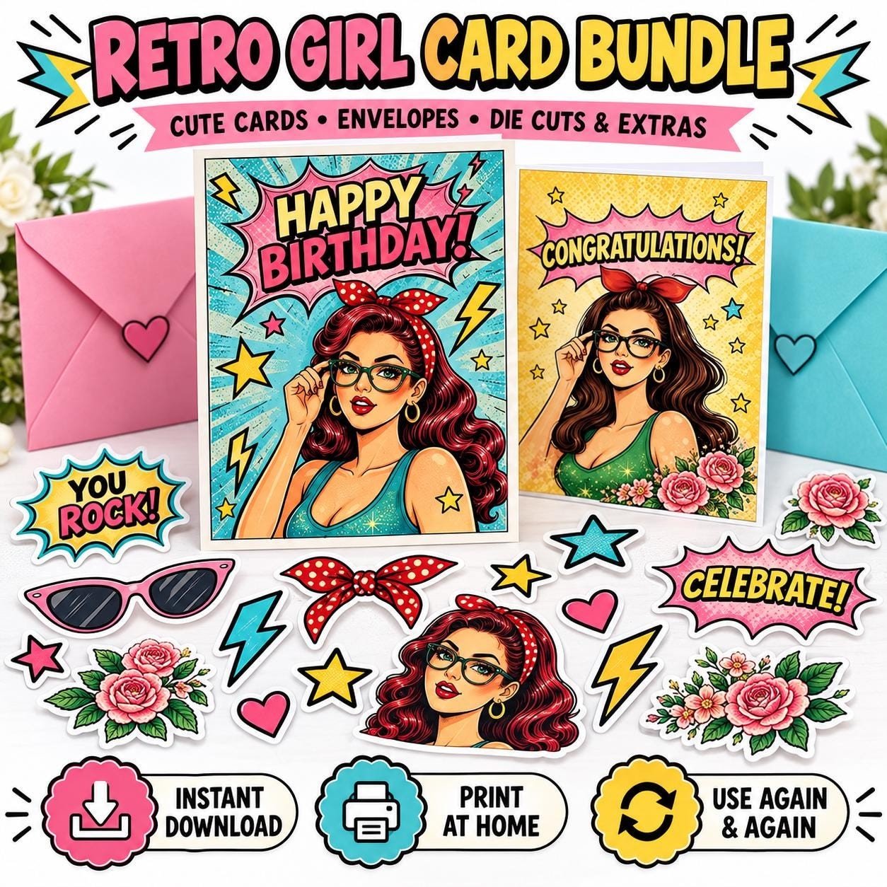 Retro Pop Art Birthday Congratulations Cards, Gift Boxes, Tags (Instant Download)