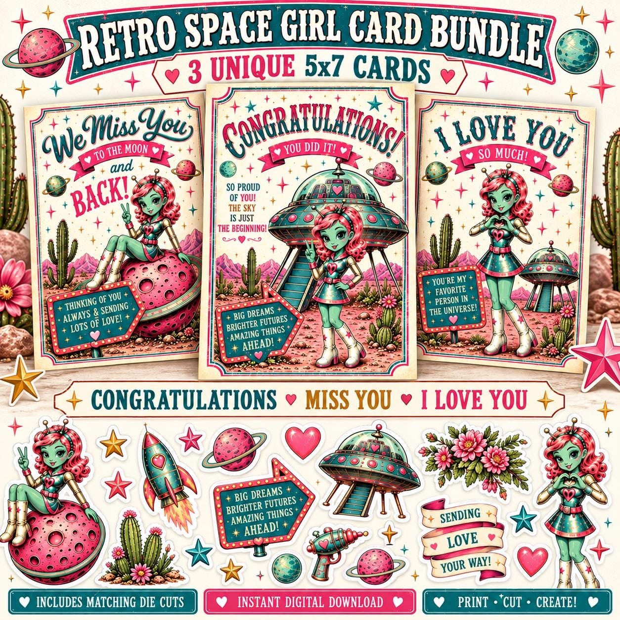 Retro Space Cowgirl Card Bundle, Sci Fi Western Designs (Digital Download)
