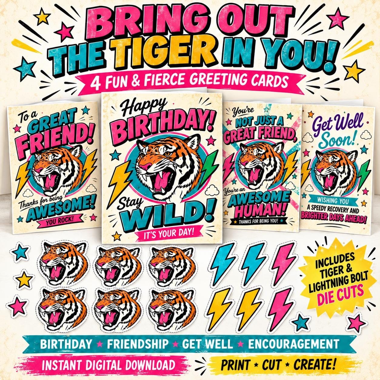 Retro Tiger Greeting Card Bundle, Vintage Birthday, Get Well, Thank You Cards (Digital Download)