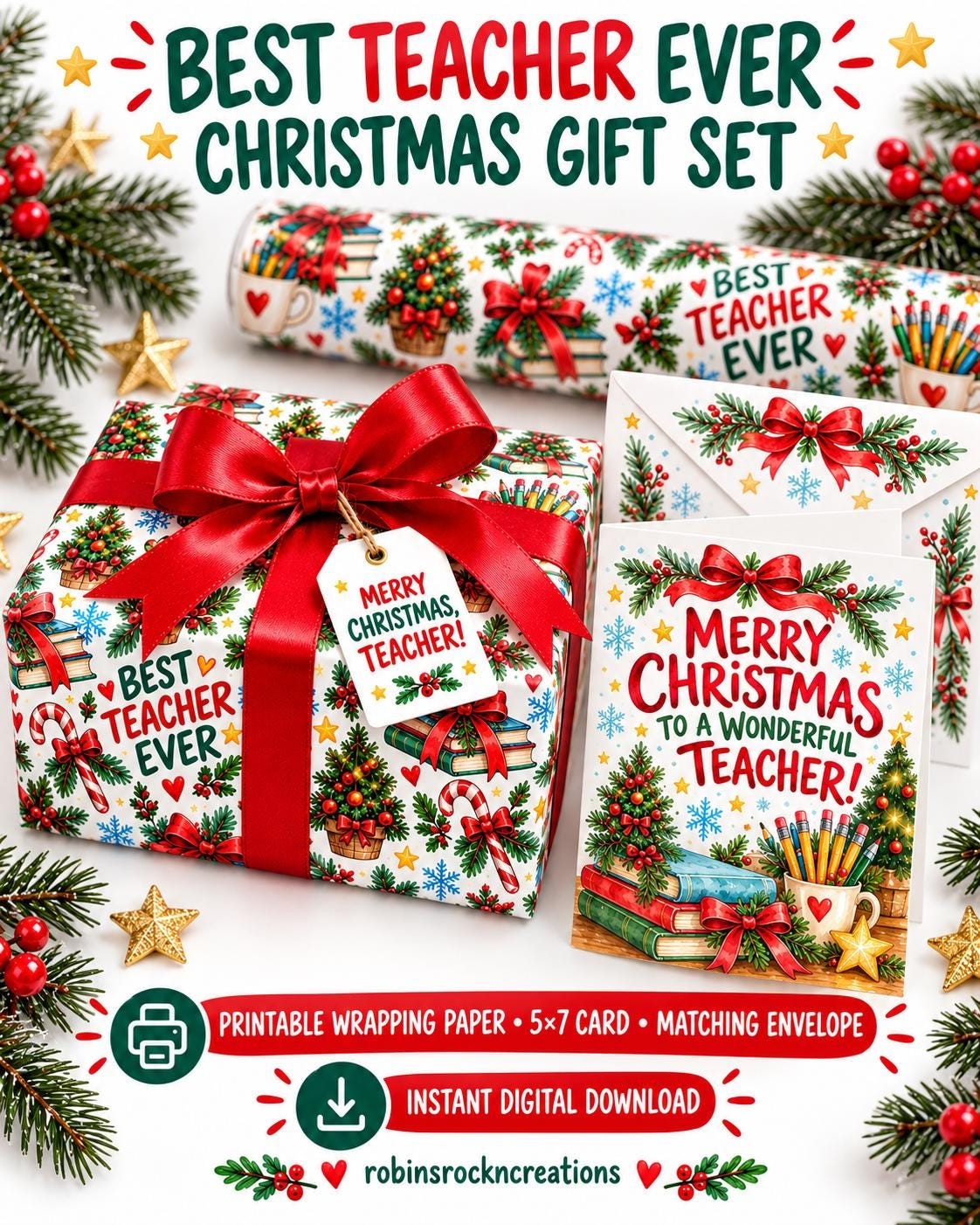 School Staff Christmas Printable Gift Set, Teacher-Principal Cards, Matching Envelopes, Tags, Wrapping Paper- Treat Holders