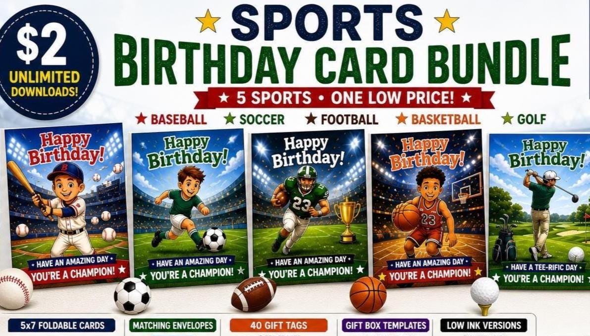 Sports Birthday Card Bundle, 5 Sports Designs, Envelopes, Tags (Digital Download)