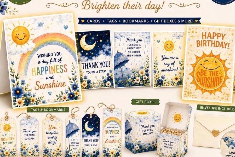 Sunshine Rainbow Card Bundle, Birthday, Get Well, Congratulations (Instant Download PDF)