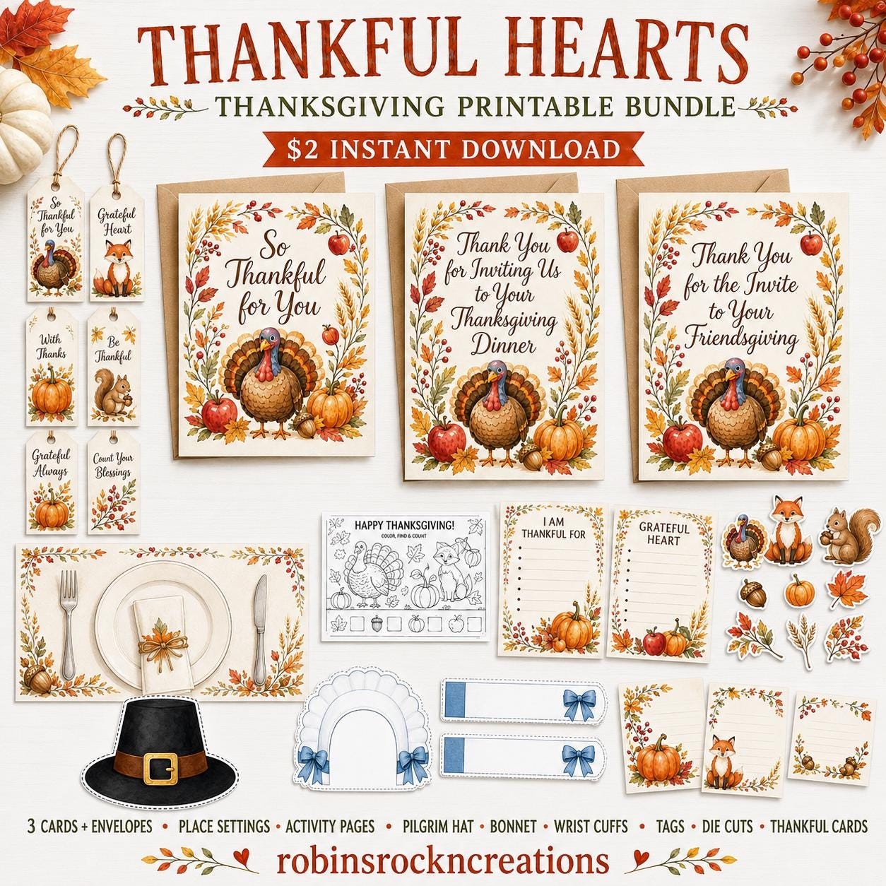 Thanksgiving Day Printable kit, Pilgrim bonnet/hat, placemats for Thanksgiving, Card with Envelope, activity pages, plate seating tags