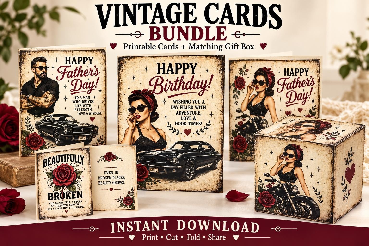 Vintage Classic Car Card Bundle, Retro Birthday Father's Day (Instant Download)