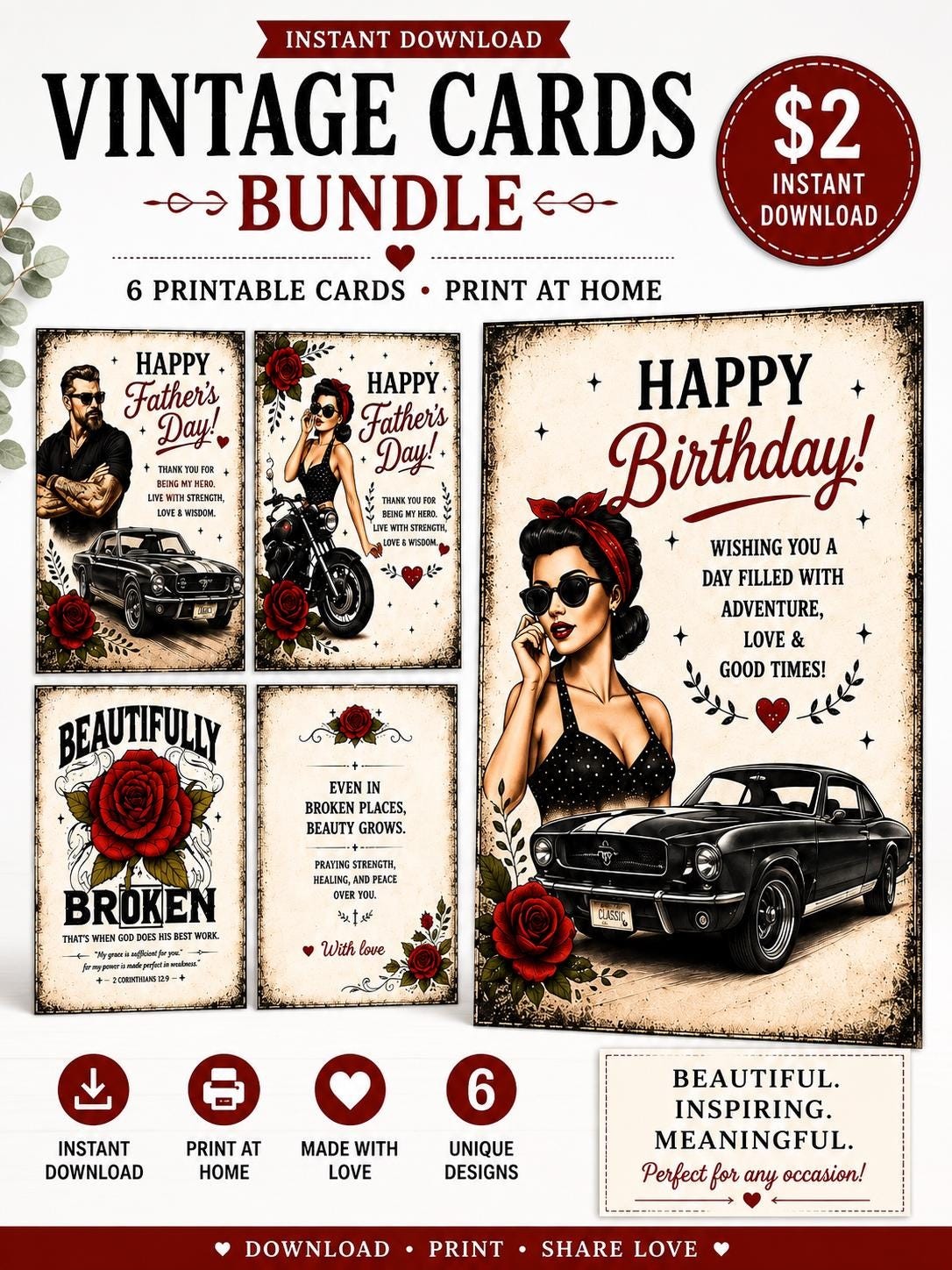 Vintage Classic Car Card Bundle, Retro Birthday Father's Day (Instant Download)