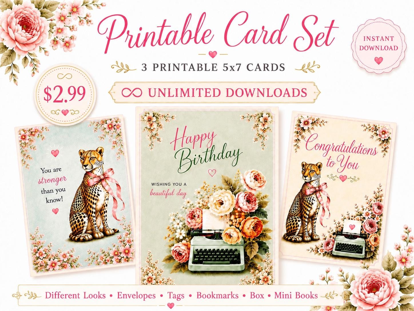 Vintage Floral Leopard Print Card Bundle, Birthday Thinking of You (Instant Download)