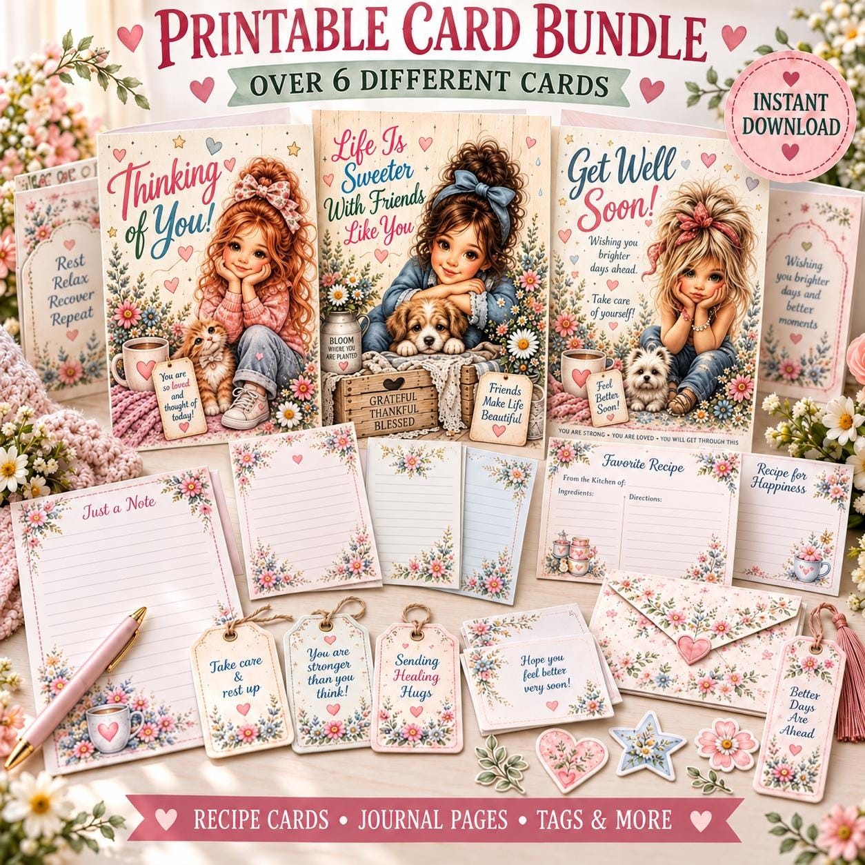Vintage Girl Card Bundle: Birthday, Get Well, Miss You (Digital Download)