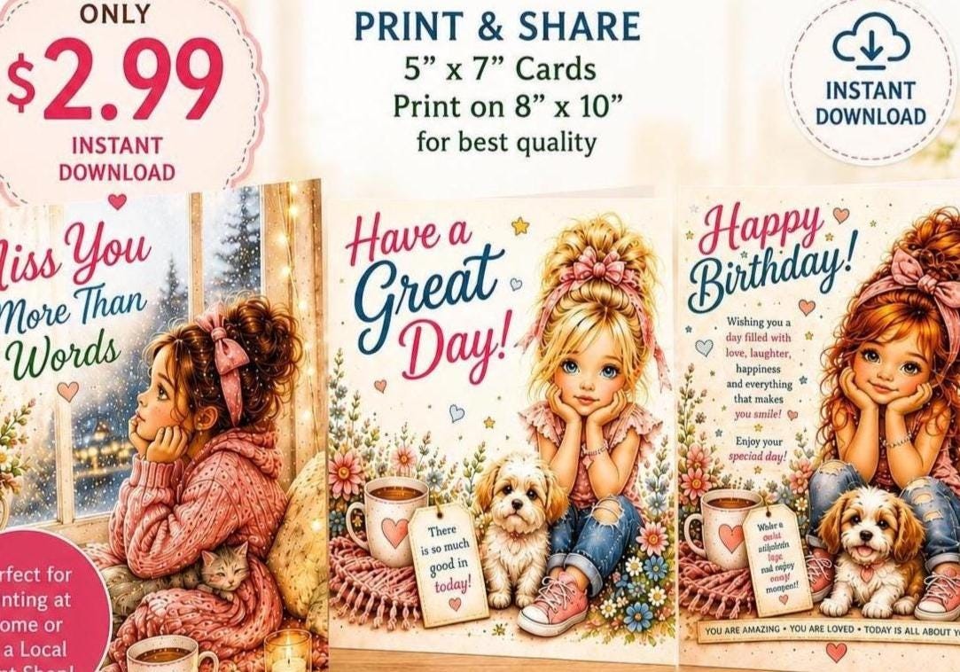 Vintage Girls Card Bundle, Birthday, Get Well, Miss You Designs (Digital Download)