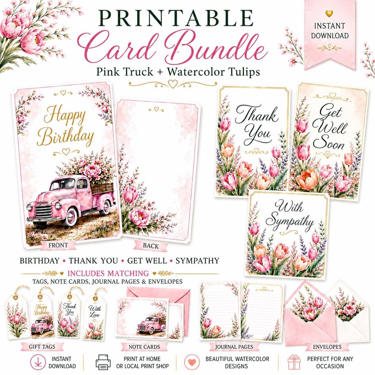 Vintage Pink Truck Watercolor Tulip Card Bundle (Instant Download)
